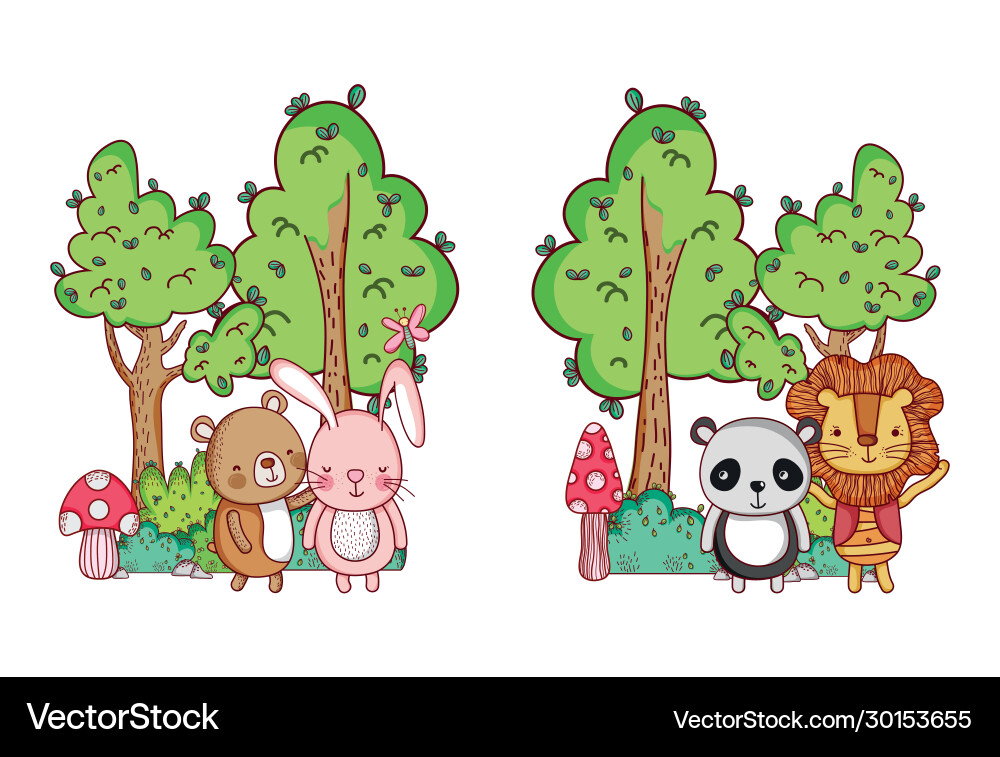 Cute animals rabbit bear lion and panda trees Vector Image