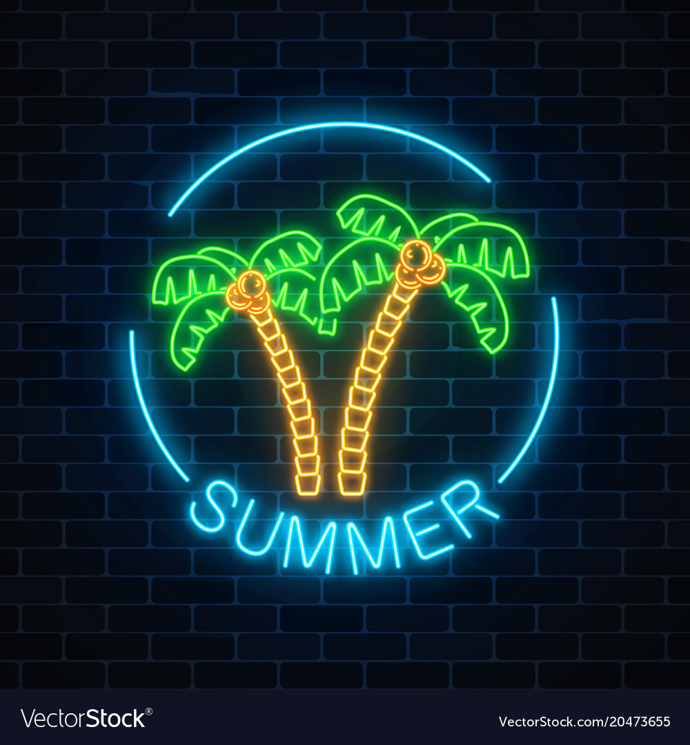 Glowing neon summer sign with two palms and text