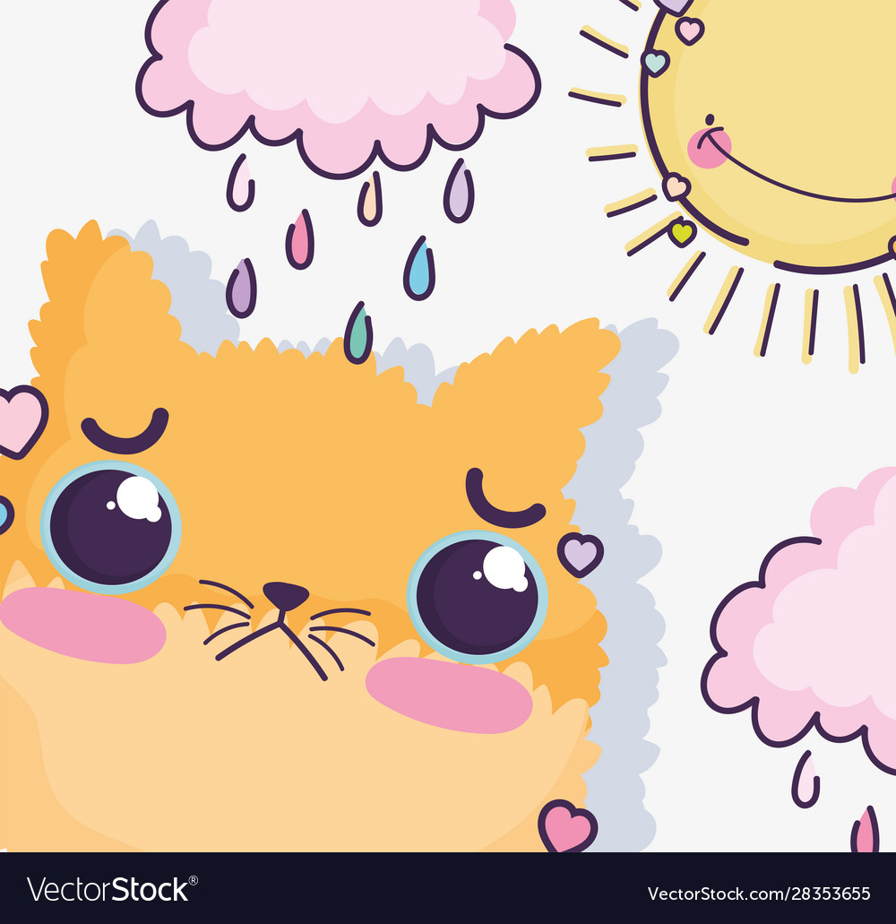 Kawaii cartoon cute cat in rainy day Royalty Free Vector