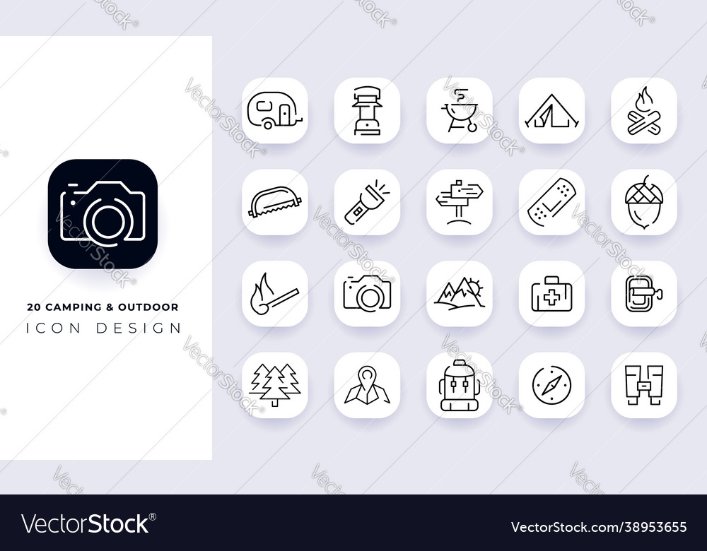 Line art incomplete camping outdoor icon pack