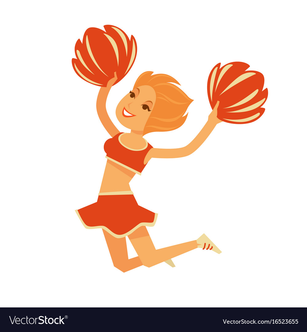 Cheerleader in orange uniform with pompons jumps Vector Image