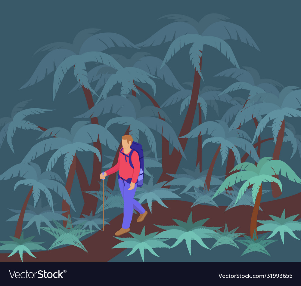 Traveler in night jungle man character walking