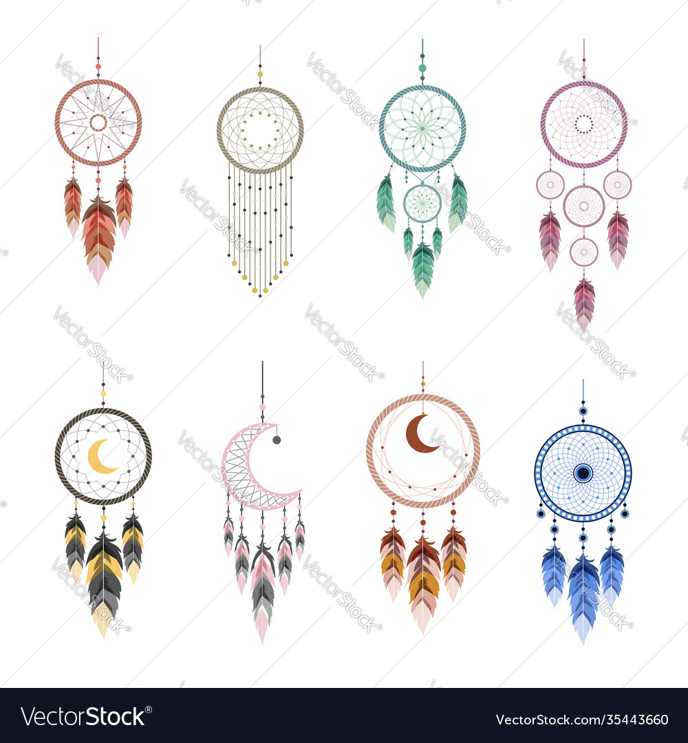 Dreamcatcher Indian Ethnic Feather Ornament. Vector Flat Line