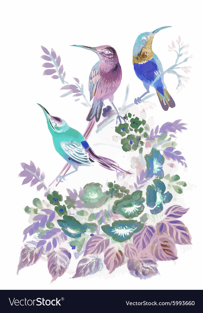 Watercolor wild exotic birds on flowers