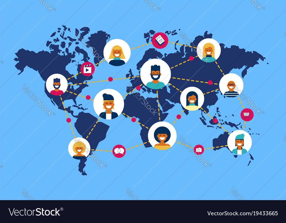 Social Network World Map People Team Connection Vector Illustration