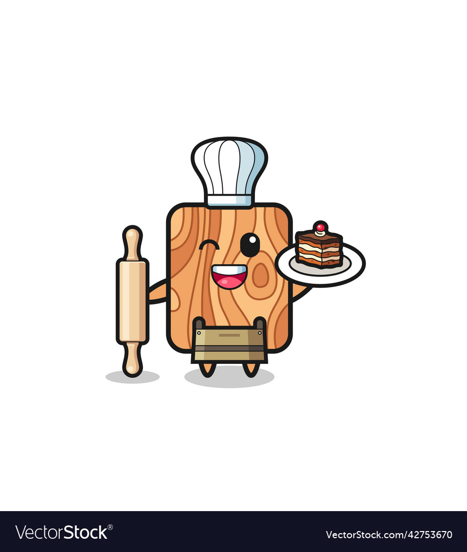 Plank wood as pastry chef mascot hold rolling pin