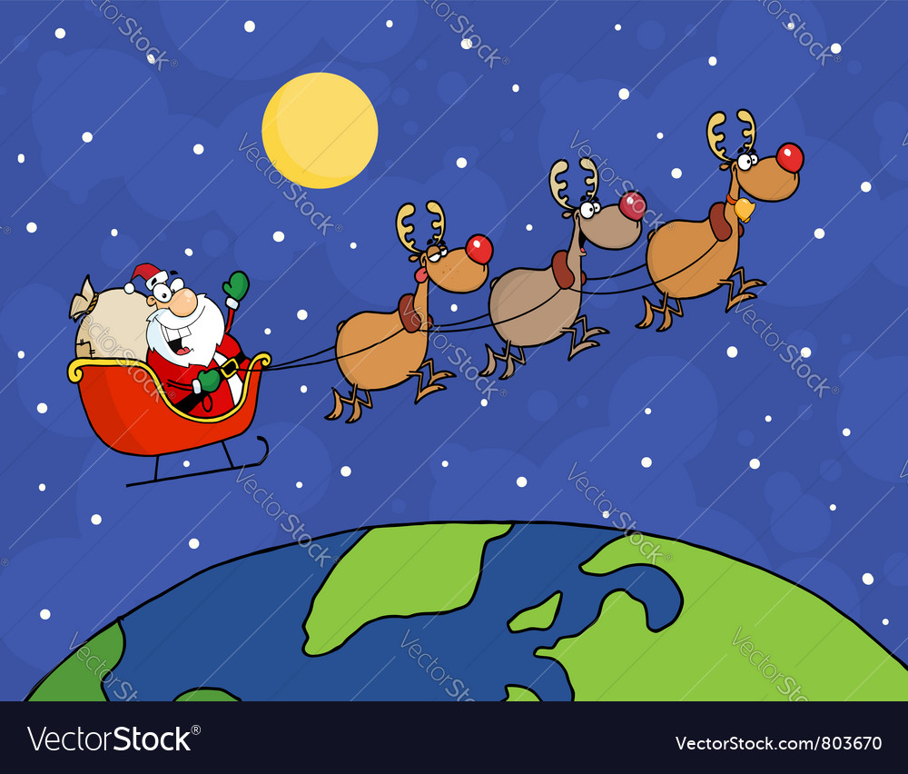 Santa waving and flying over earth