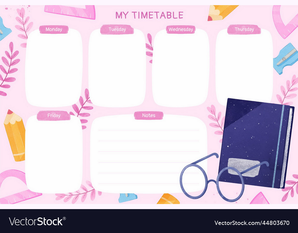 Watercolor back school design timetable template Vector Image