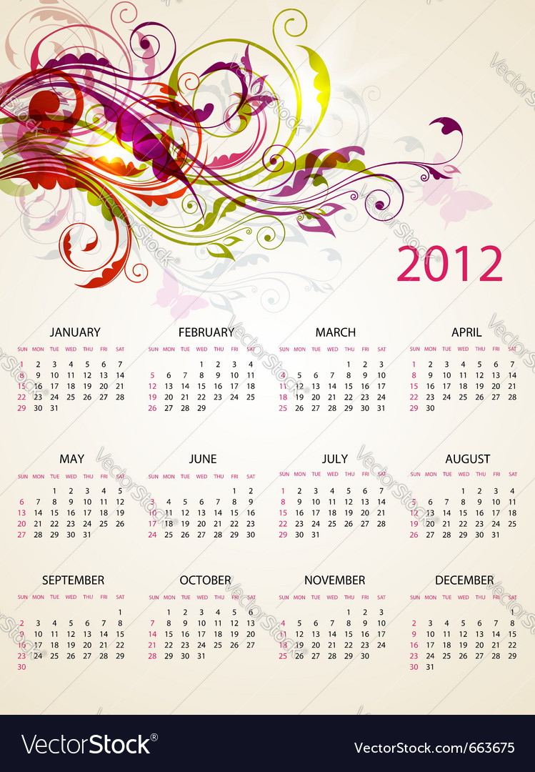 Calendar design for 2012 with bright floral orname