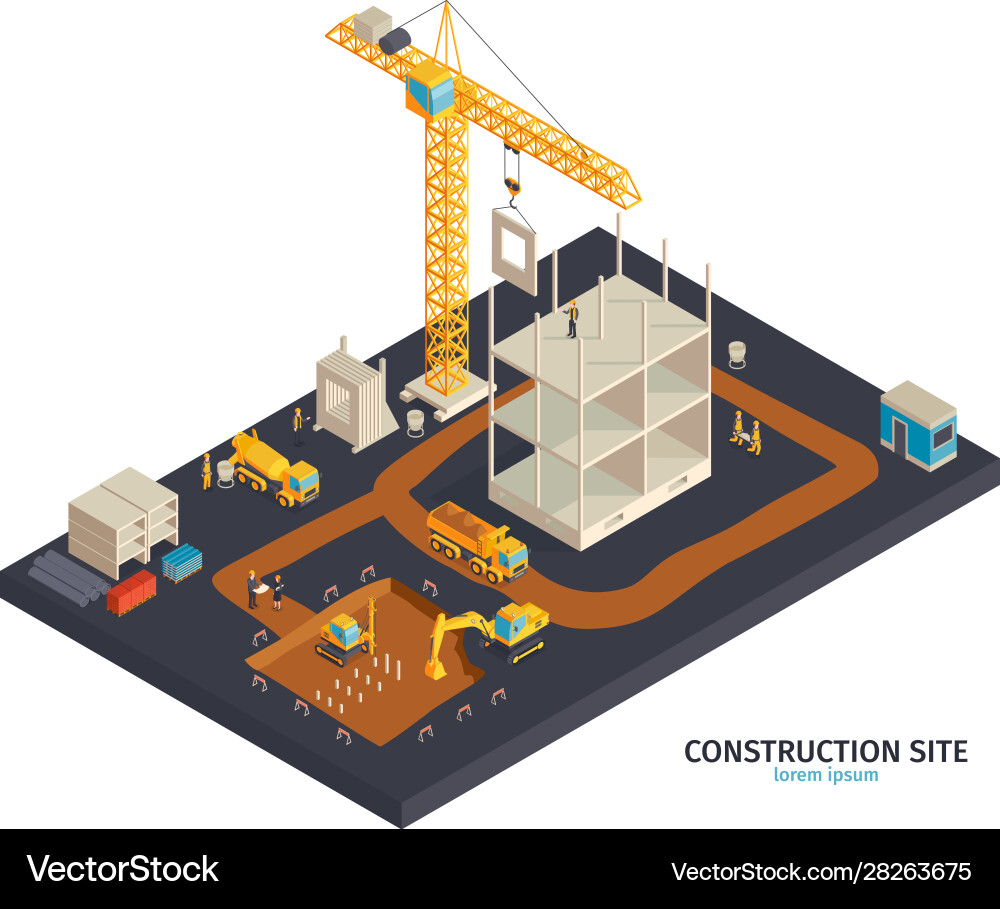 Construction site isometric composition Royalty Free Vector