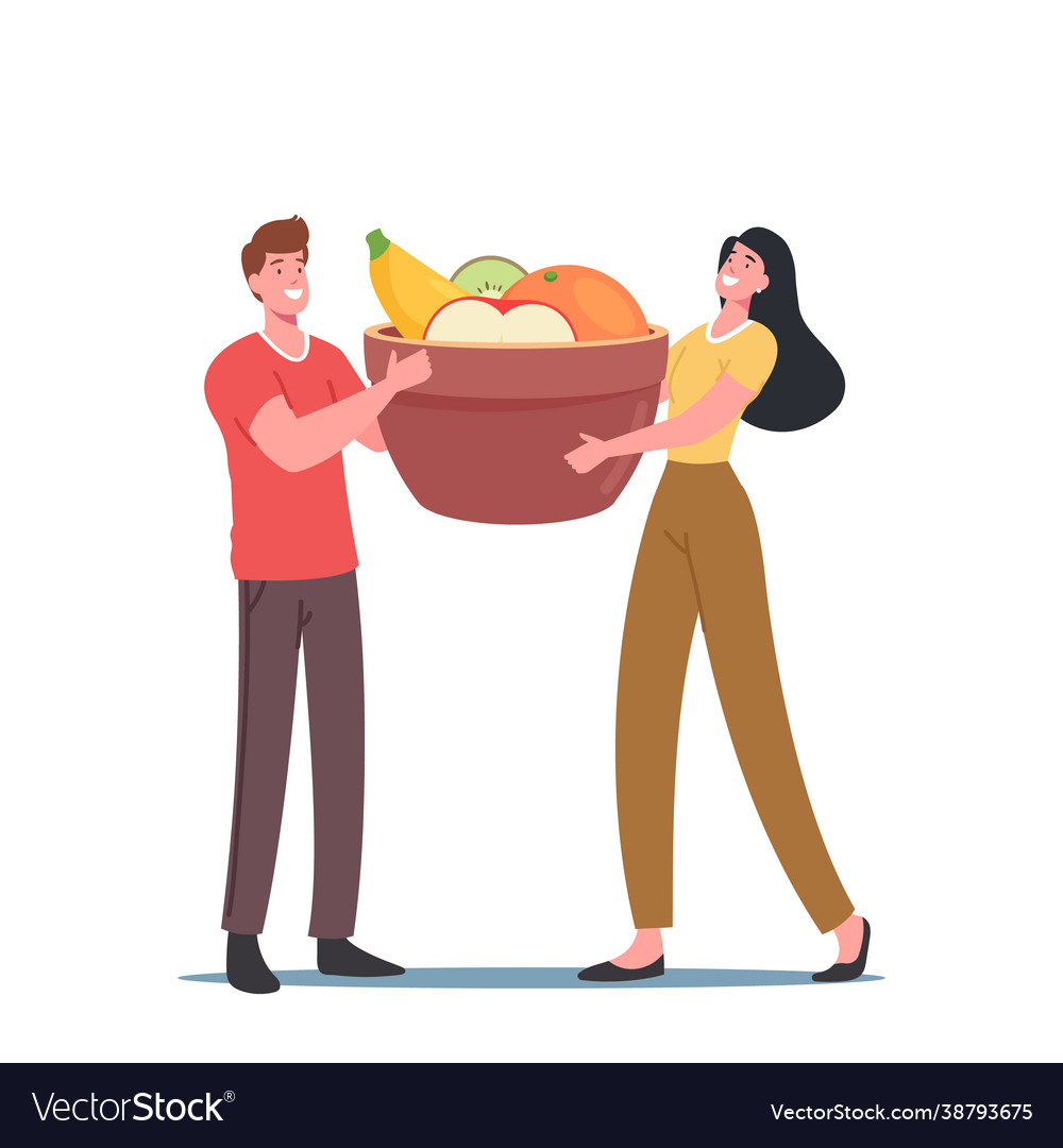 Tiny characters holding huge bowl with fresh