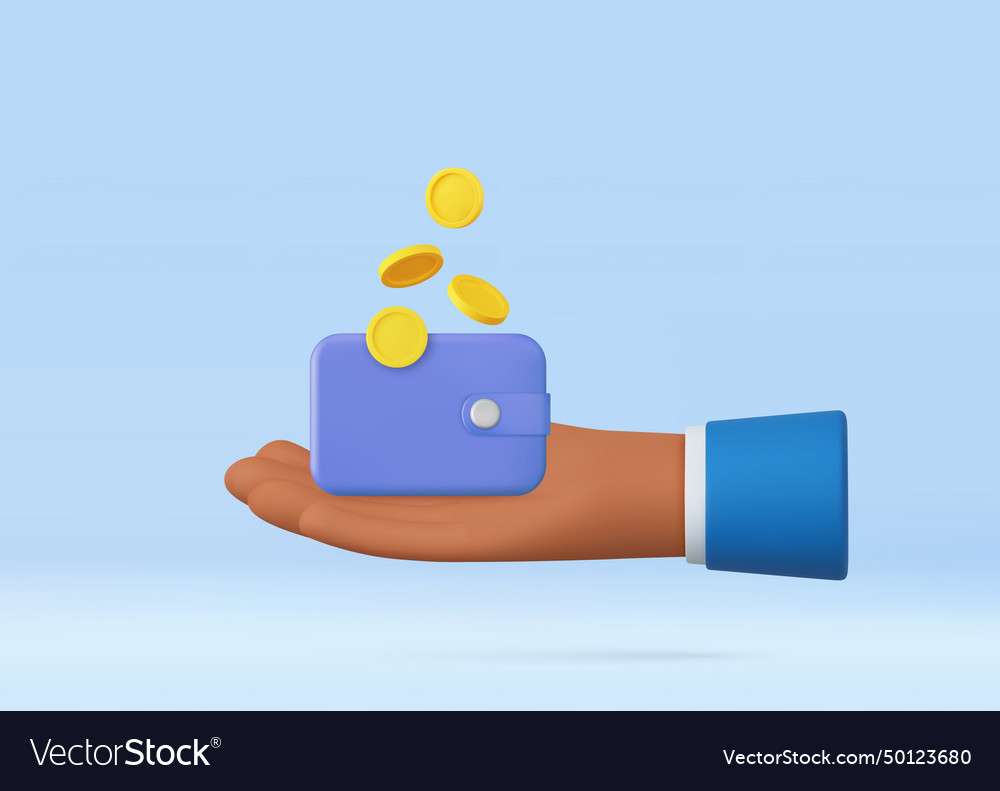 3d hand holding wallet coin stack