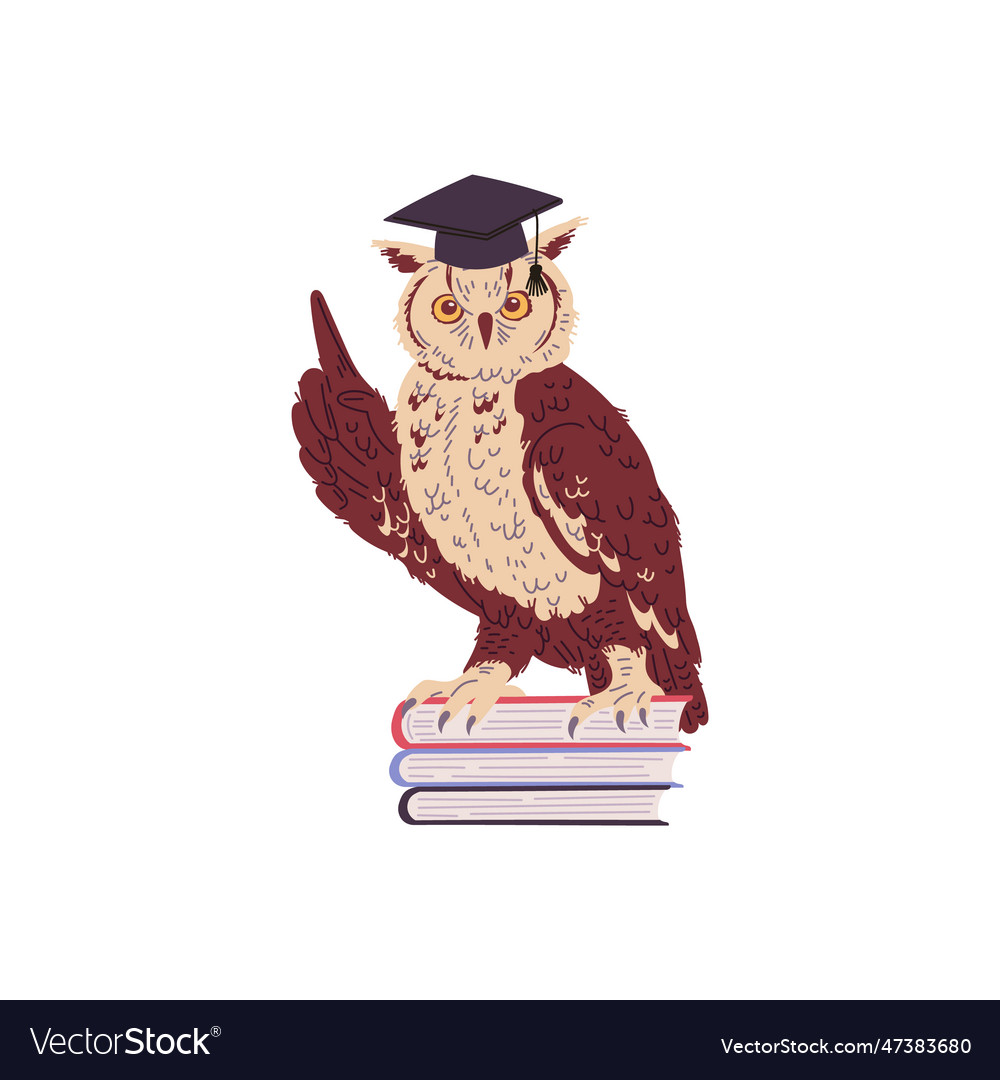 Wise owl sitting on pile of books flat