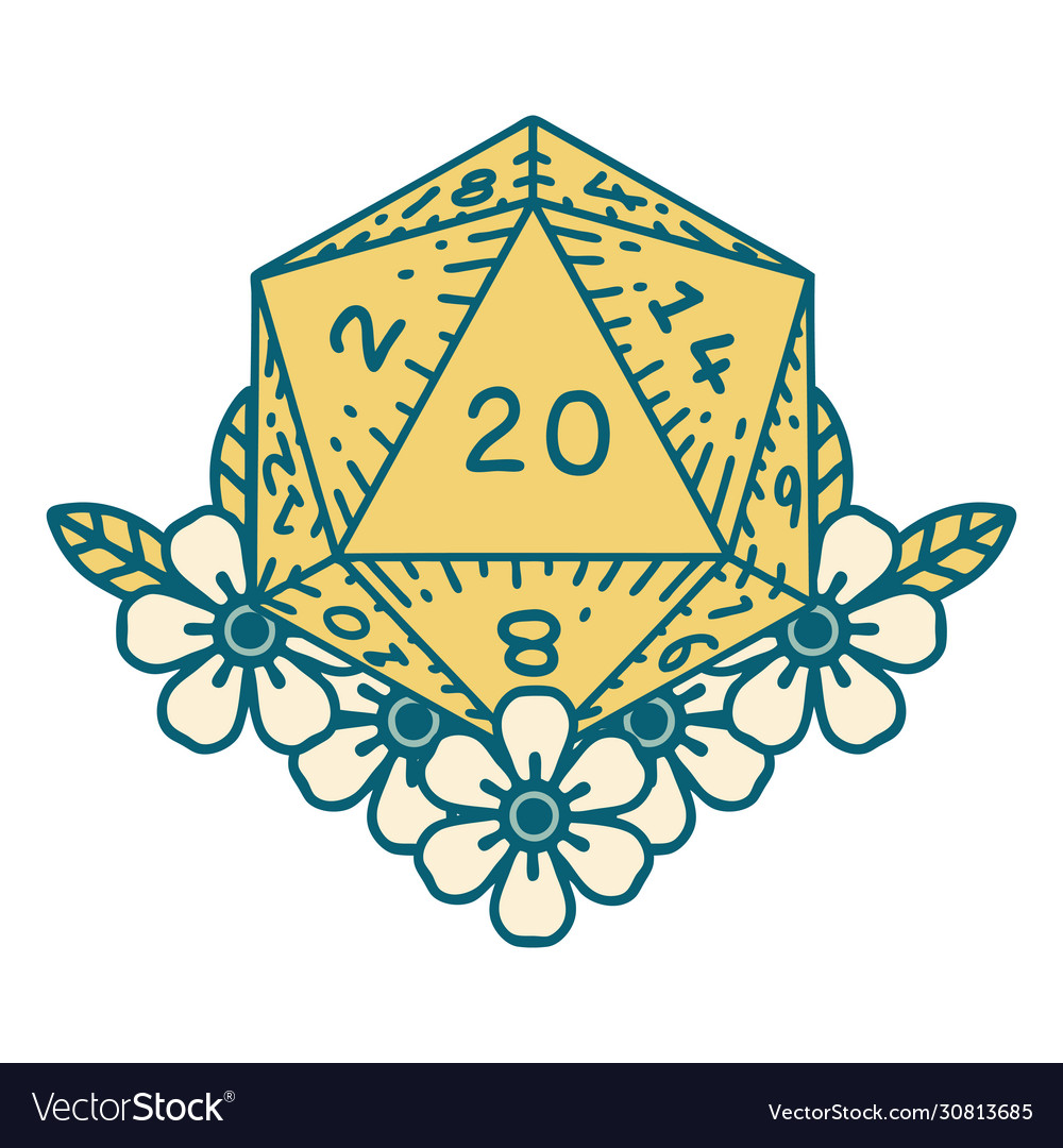 Natural 20 d20 dice roll with floral elements Vector Image