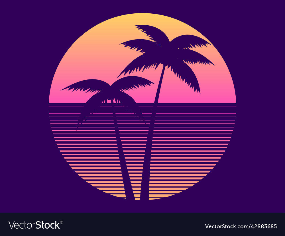 Palm trees at sunset in the style of the 80s Vector Image