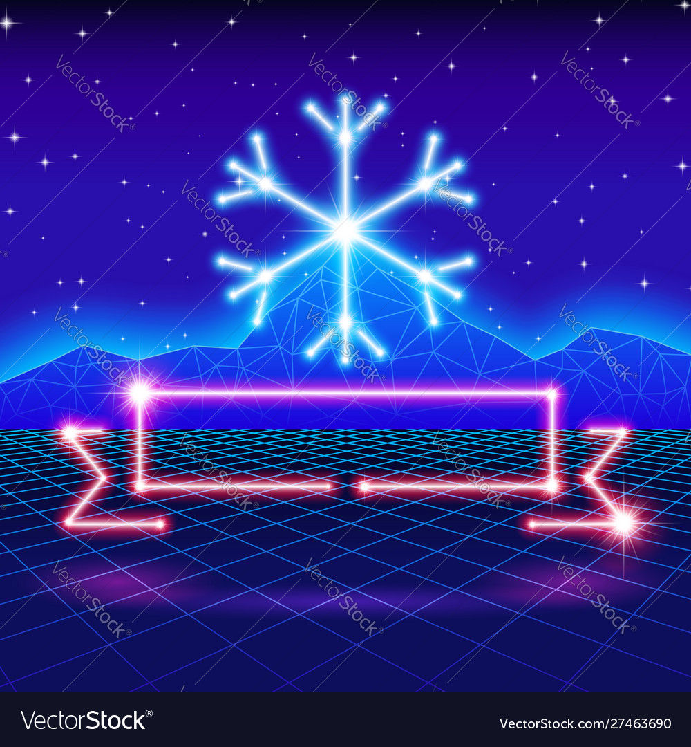 Christmas card with 80s neon snowflake and ribbon