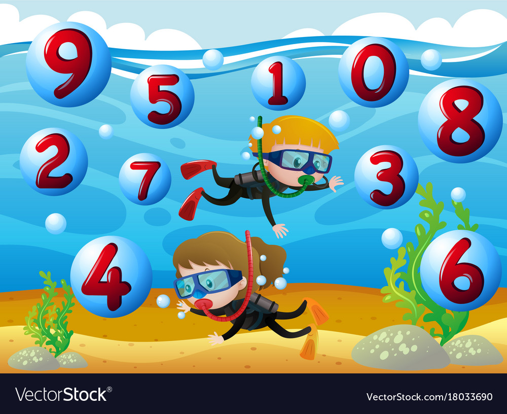 Kids scuba diving with numbers in the sea