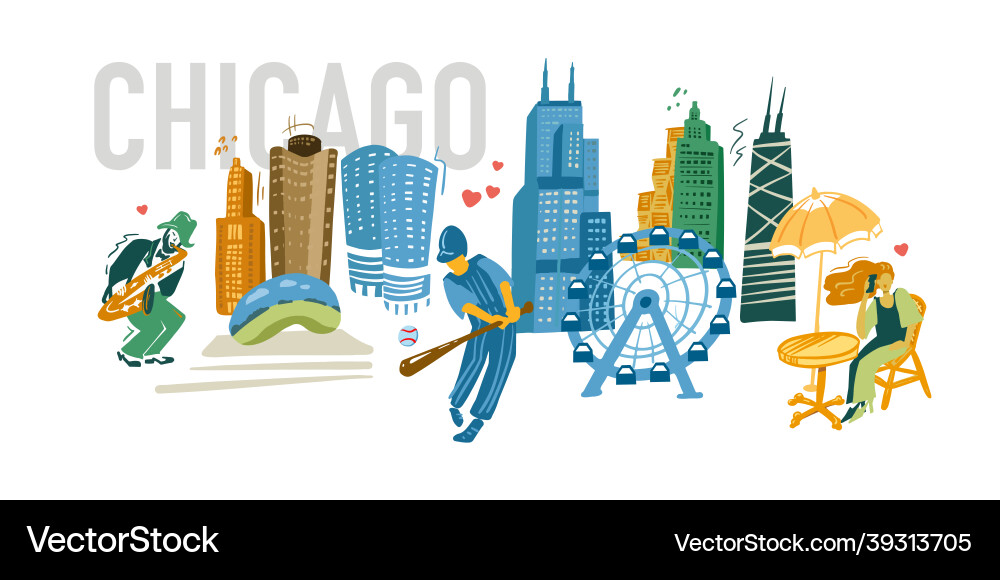 Chicago banner with landmarks icons set Royalty Free Vector
