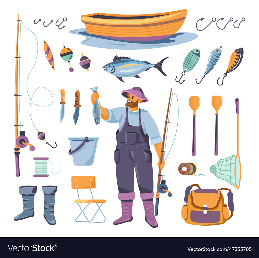 Fisherman tools fishing worker equipment success Vector Image