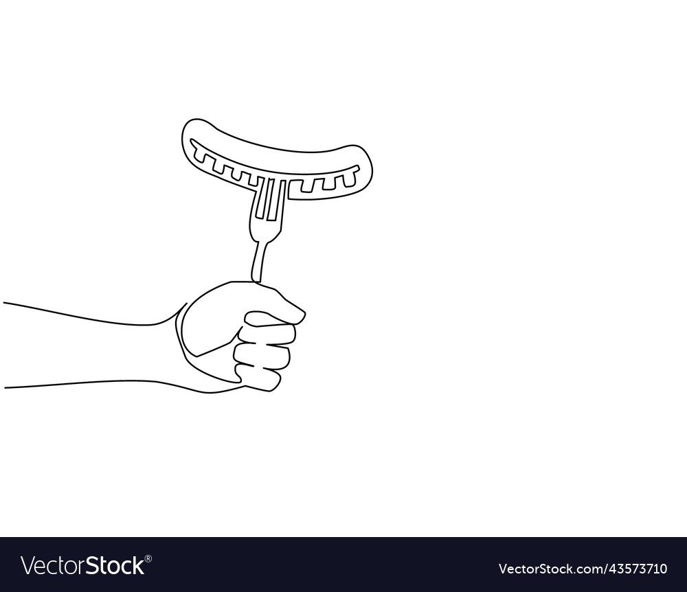 Single continuous line drawing sausage on fork