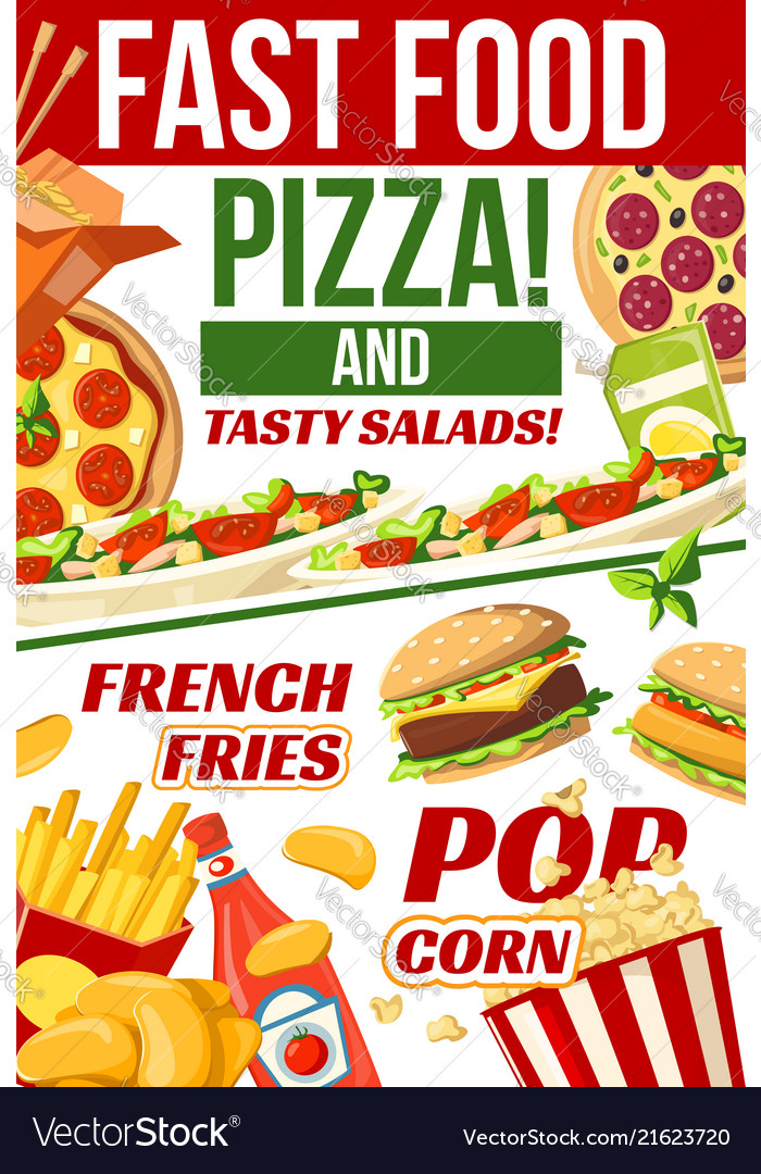 Fast food pizza popcorn and fries snacks menu Vector Image