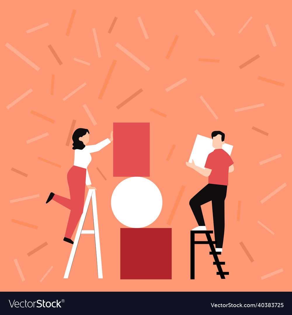 Couple drawing using ladder helping each other Vector Image