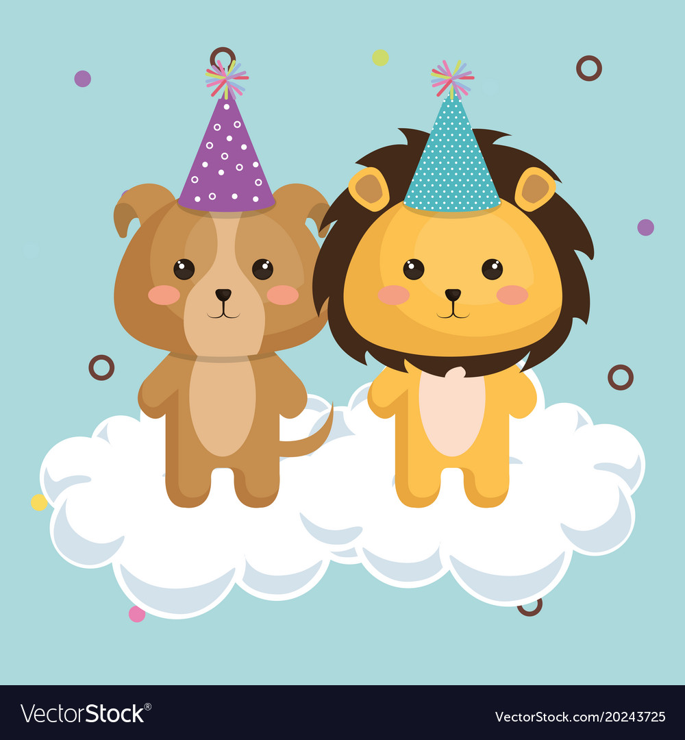 Cute lion with dog kawaii birthday card