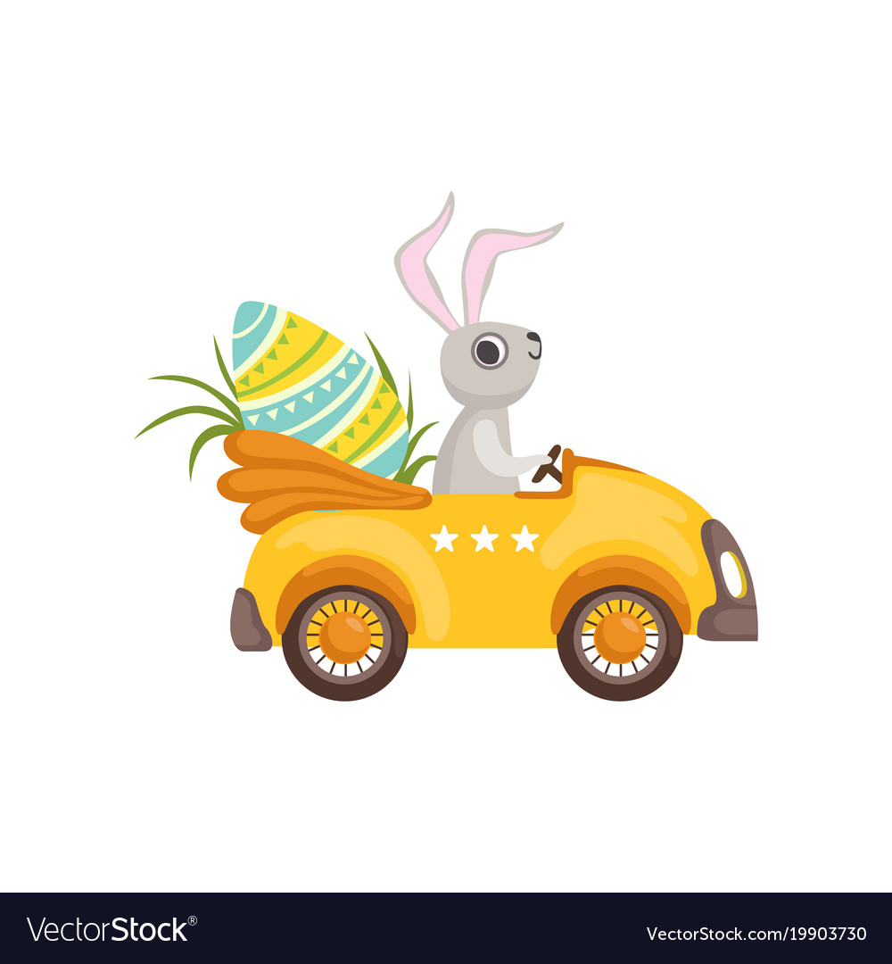 Cute Bunny Driving Yellow Vintage Car Decorated Vector Image