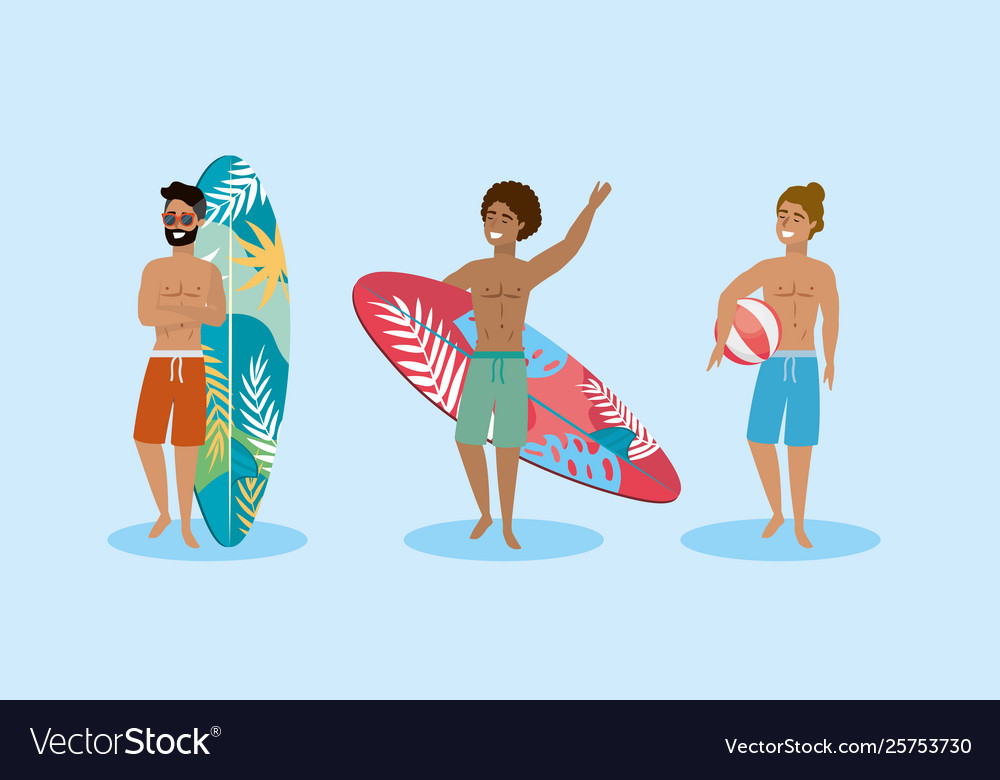 Set men wearing bathing shorts with surfboard