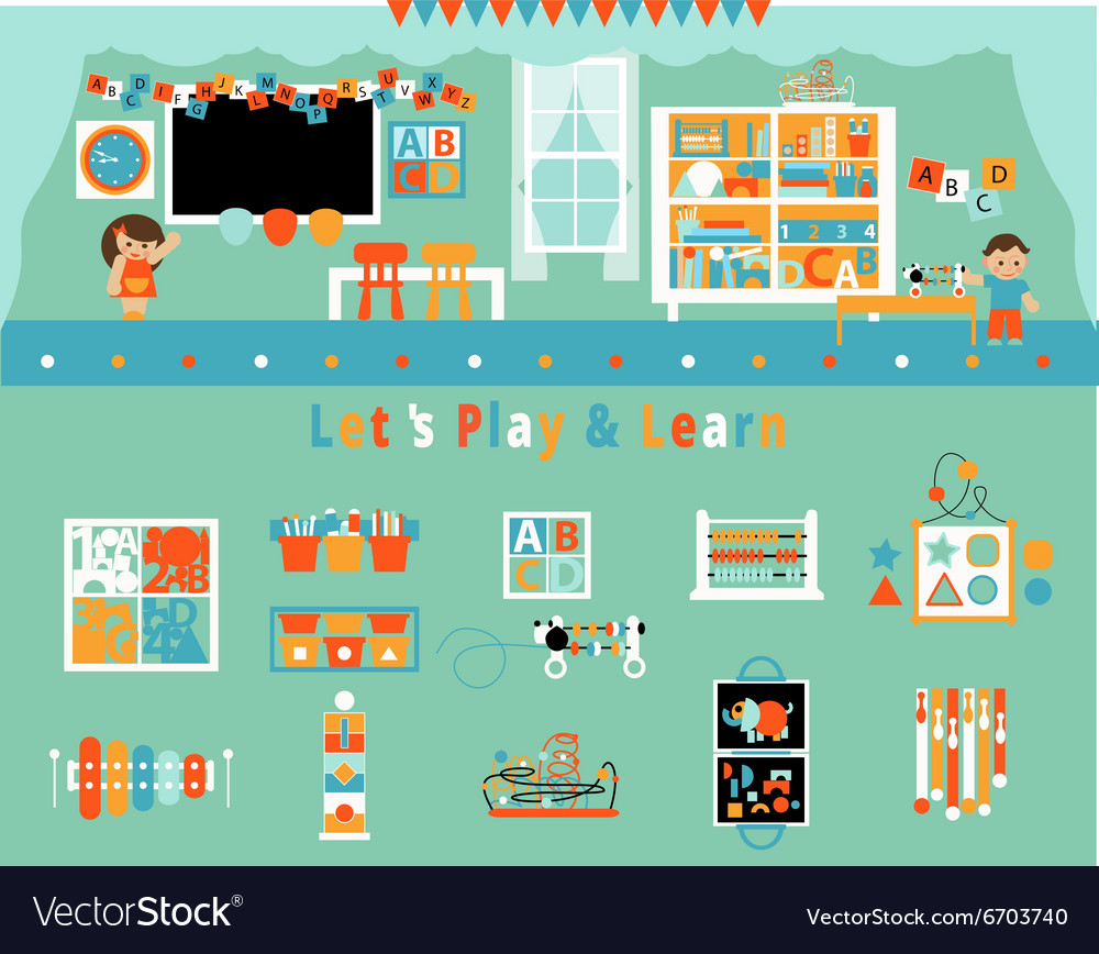 Elementary school classroom and objects set