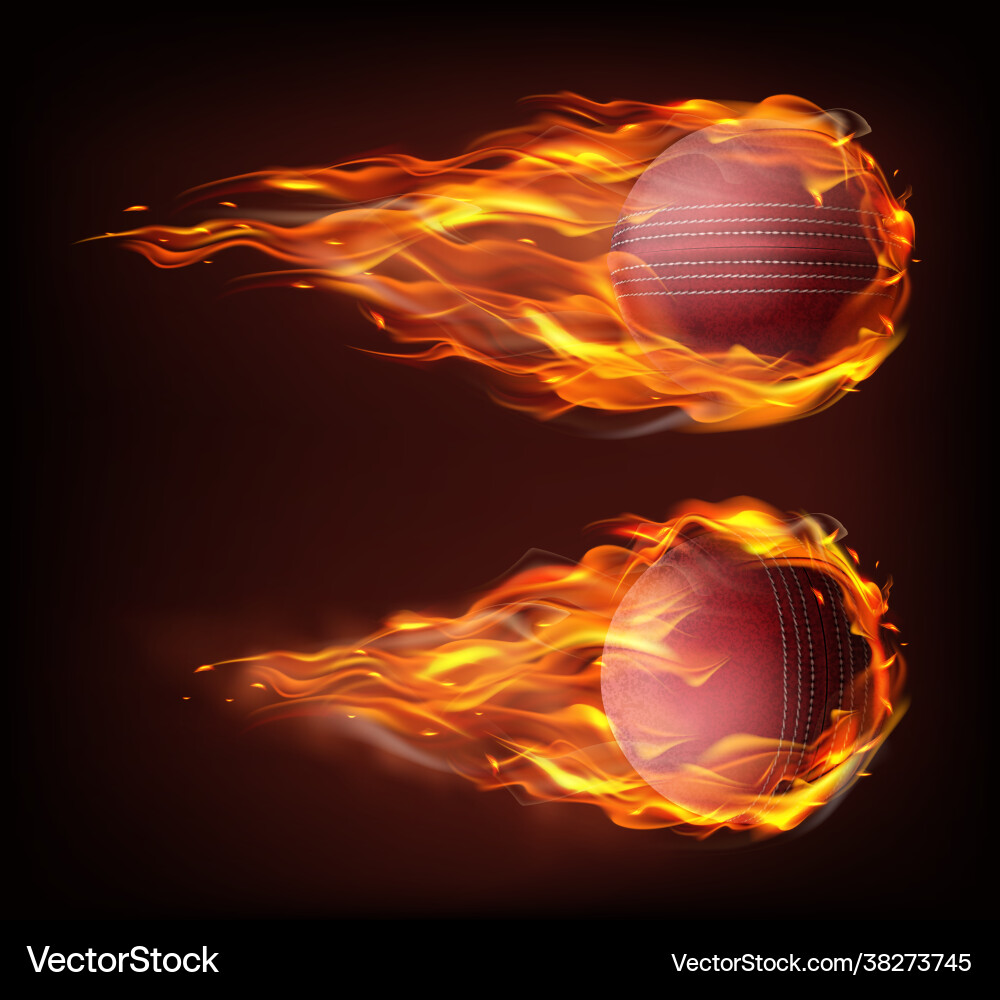 Realistic flying cricket ball in fire Royalty Free Vector