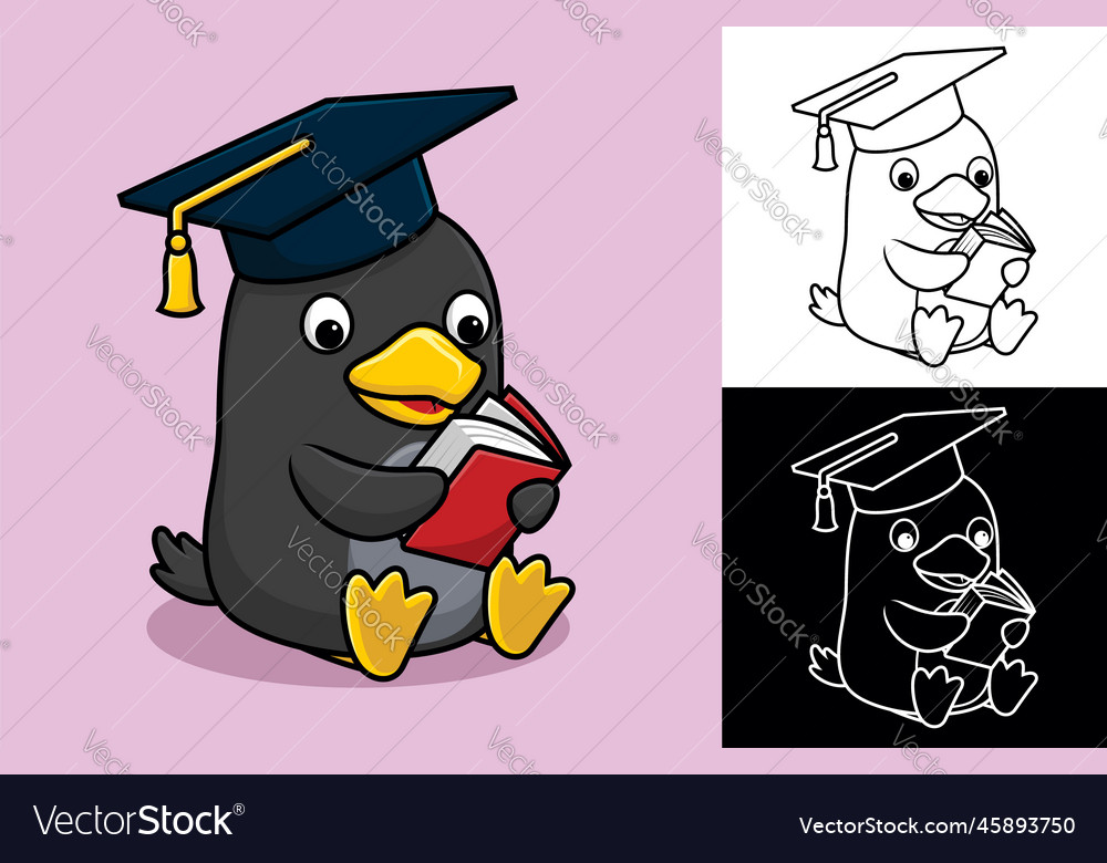 Cute penguin wearing graduation hat reading book