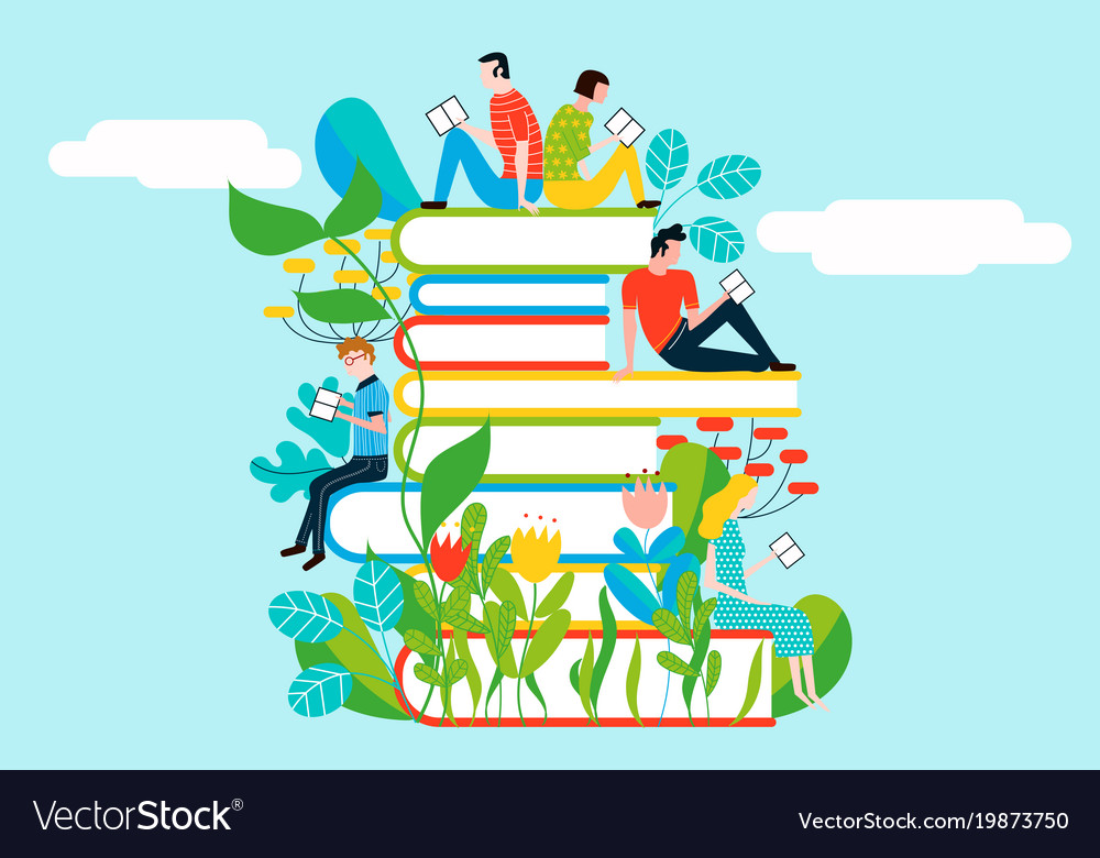 Happy people reading on tower of books - colorful Vector Image