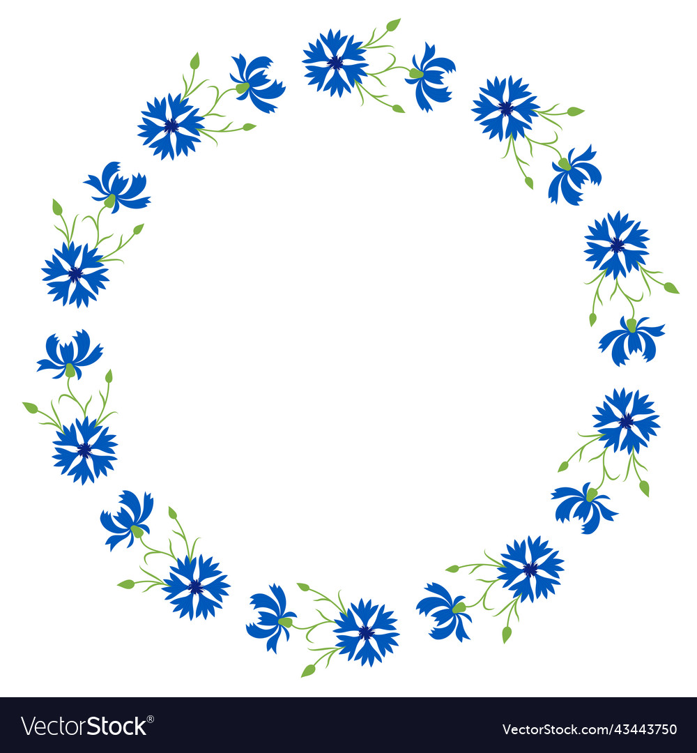 Round frame with blooming blue flowers