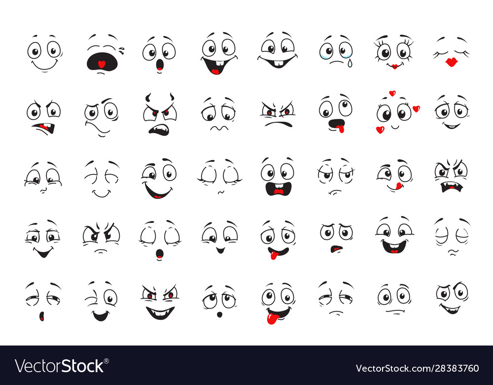 Cartoon comics faces set smiling crying faces Vector Image