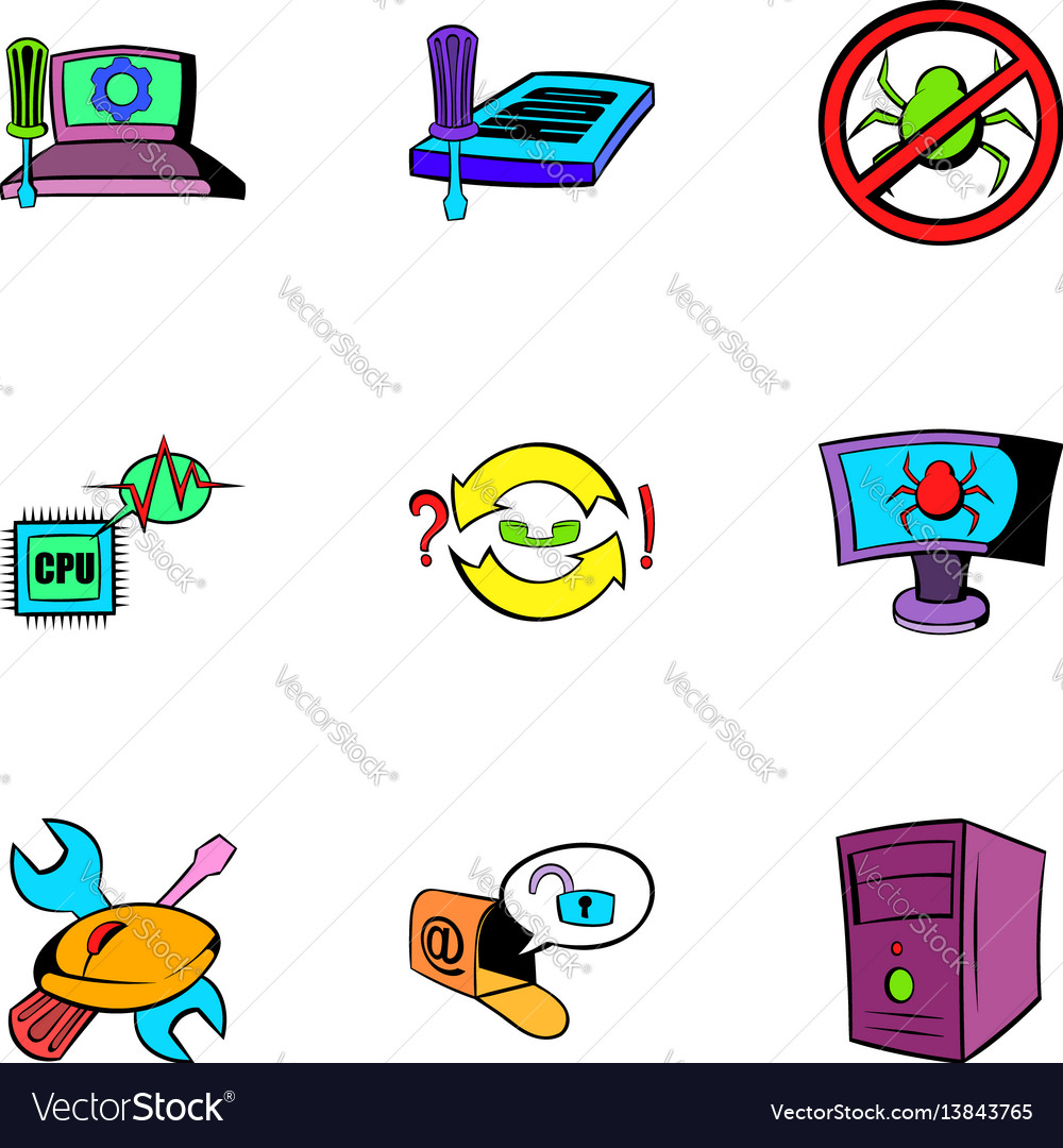 Computer virus icons set cartoon style