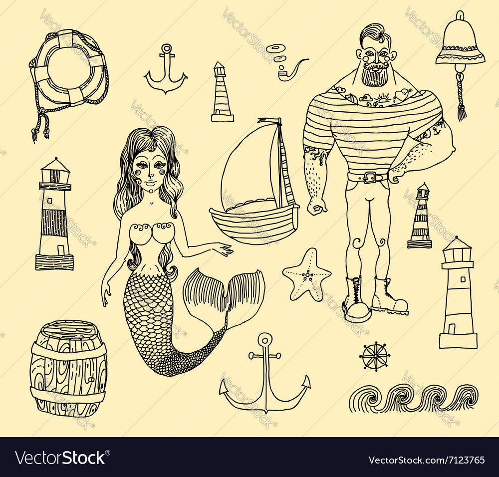 Set with sailor lighthouse mermaid ship