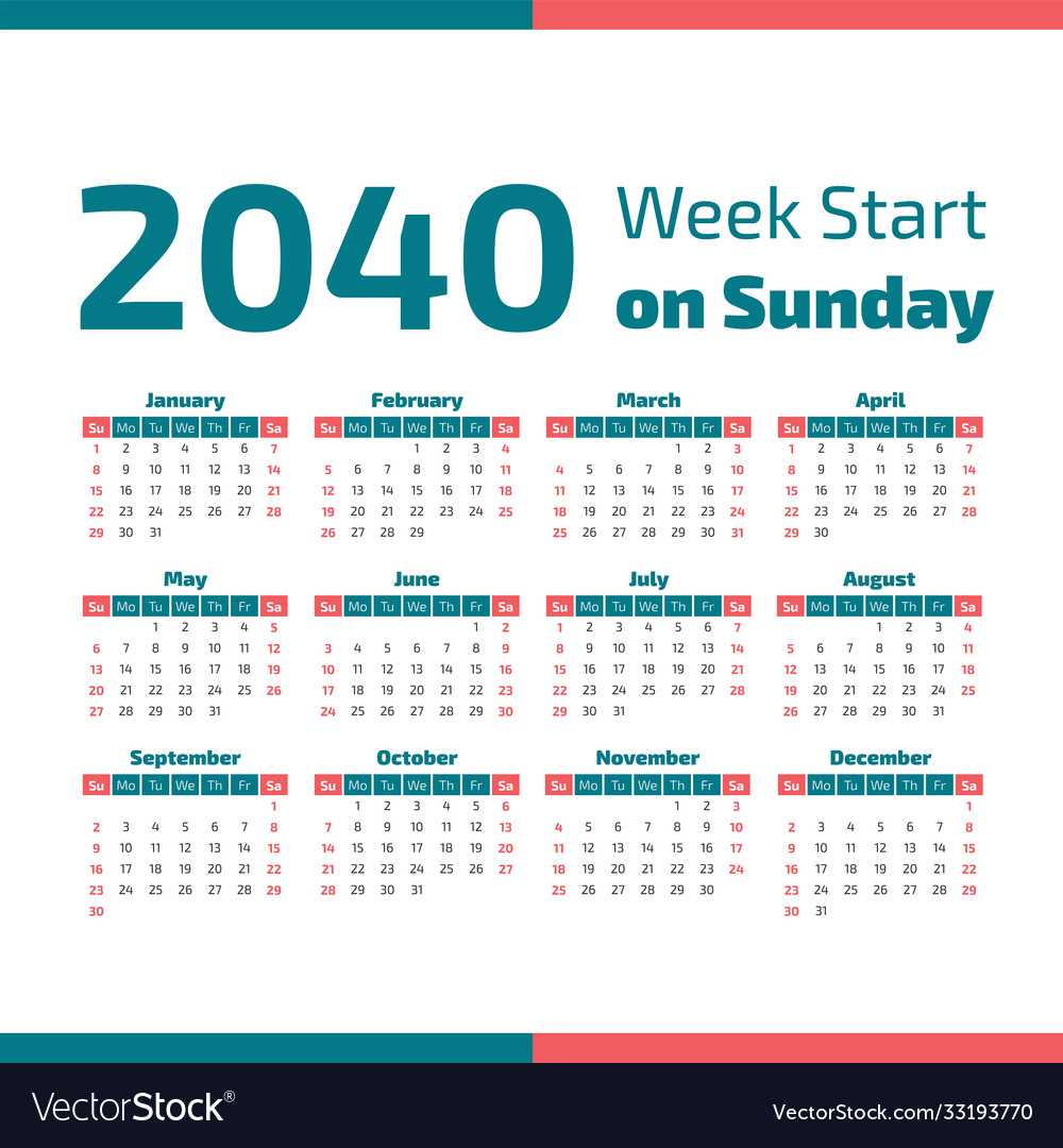 2040 calendar with weeks start on sunday