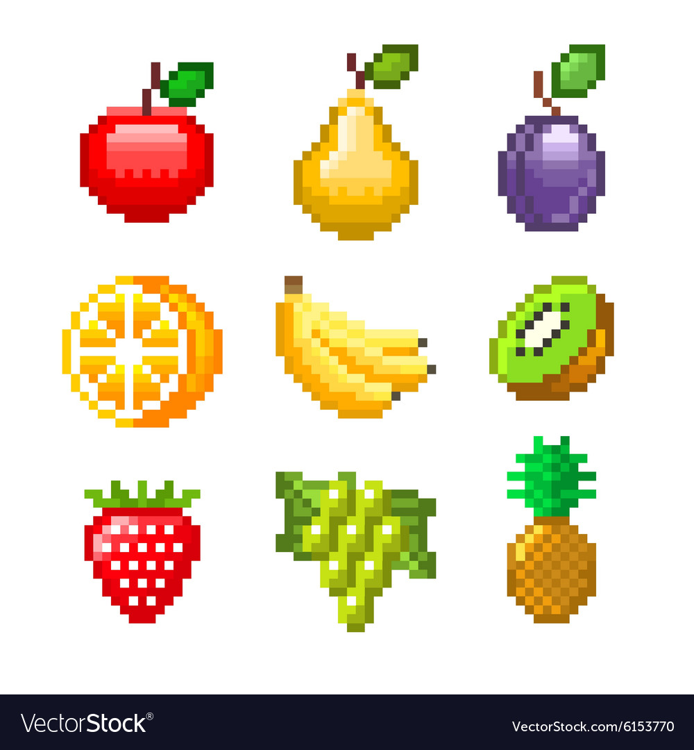 pixel fruit icon set for games or mobile apps, colorful pixel art, old  style 8 bit icons, vector collection 24274733 Vector Art at Vecteezy