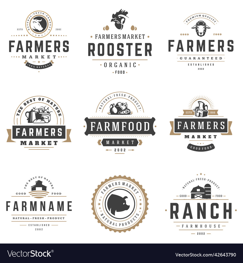 Farmers market logos templates objects set Vector Image