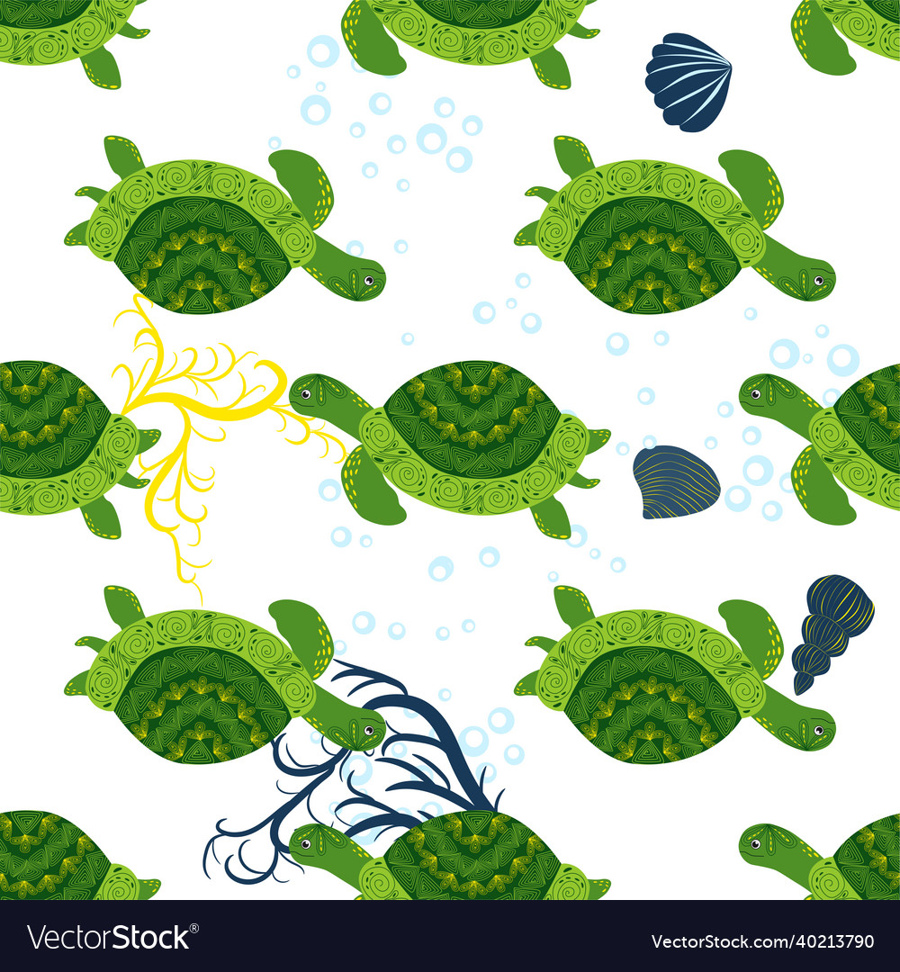 Turtle green seamless pattern beautiful character