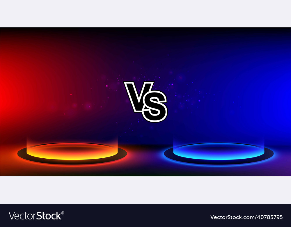 Vetor de Futuristic versus banner. VS template design for games, battle,  match, sports or fight competition. Round pedestal podium on black  background. Futuristic product stand template. do Stock