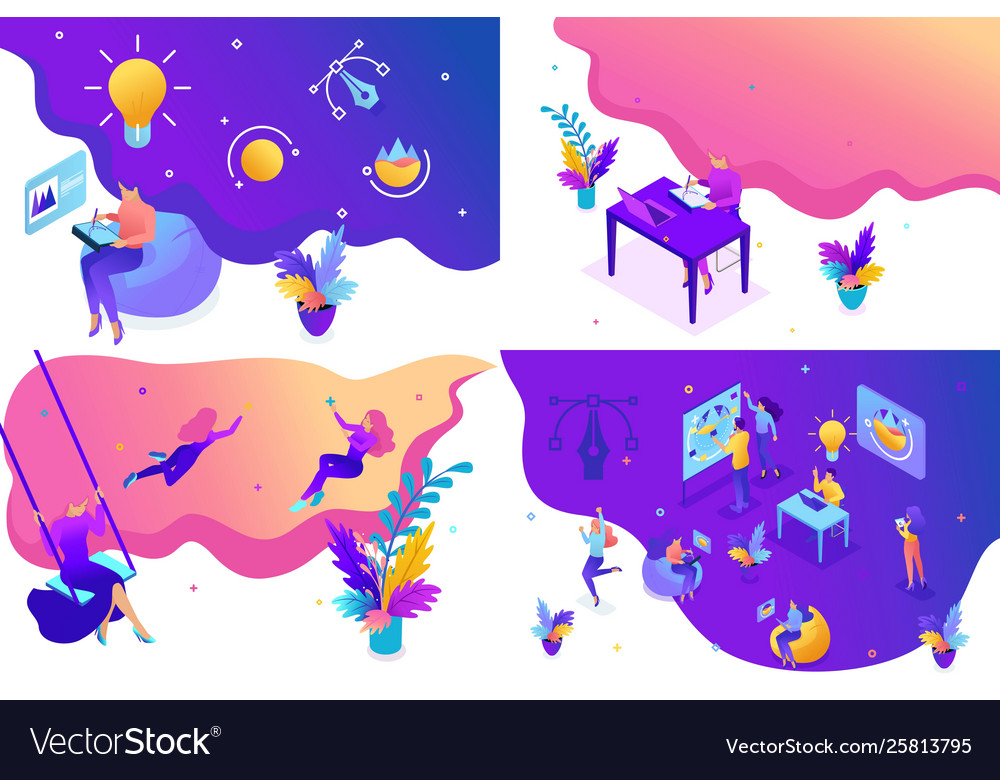 Isometric set konzept mädchen designer werke zeichnet dr