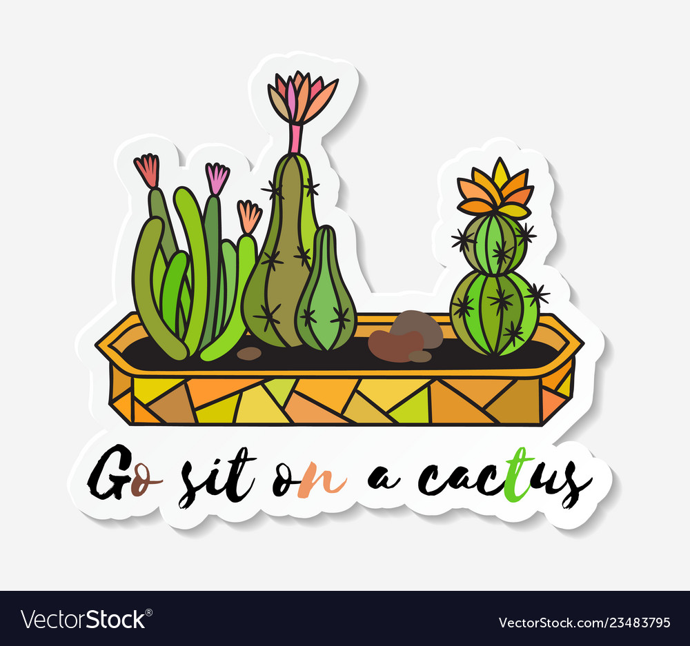 Sticker with colored funny cute cactus Royalty Free Vector