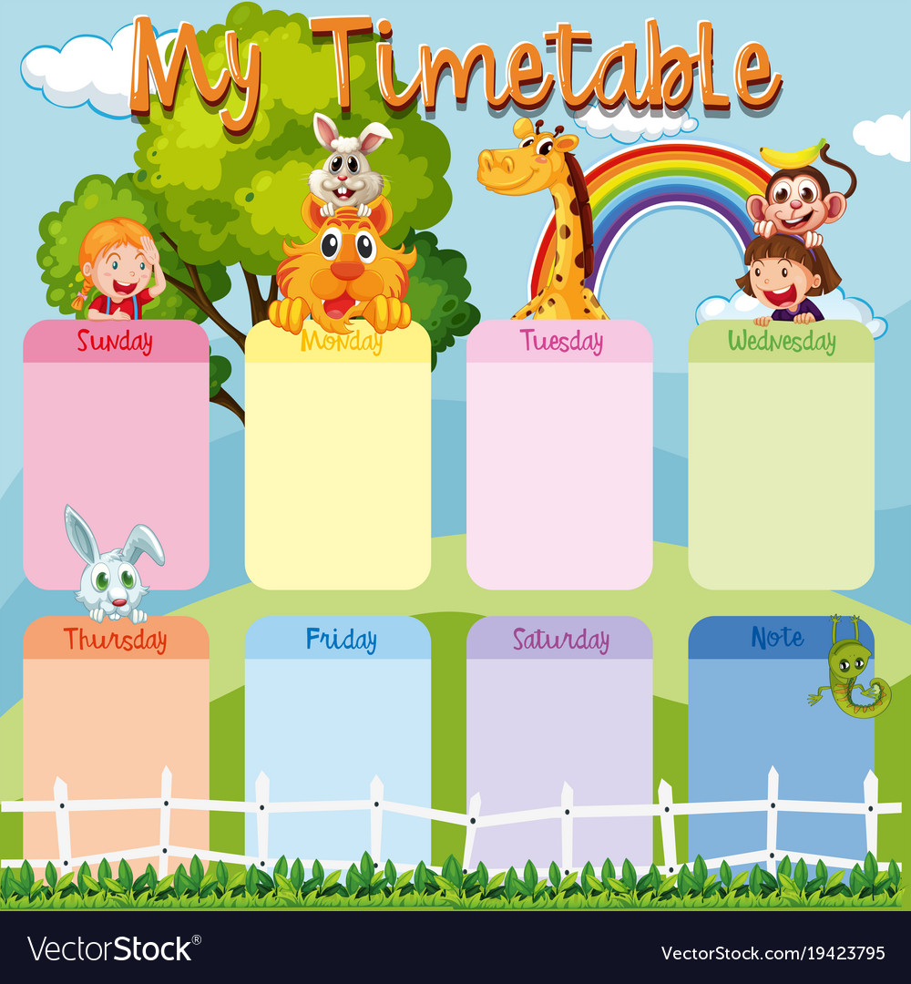 Timetable template with animals and kids Vector Image