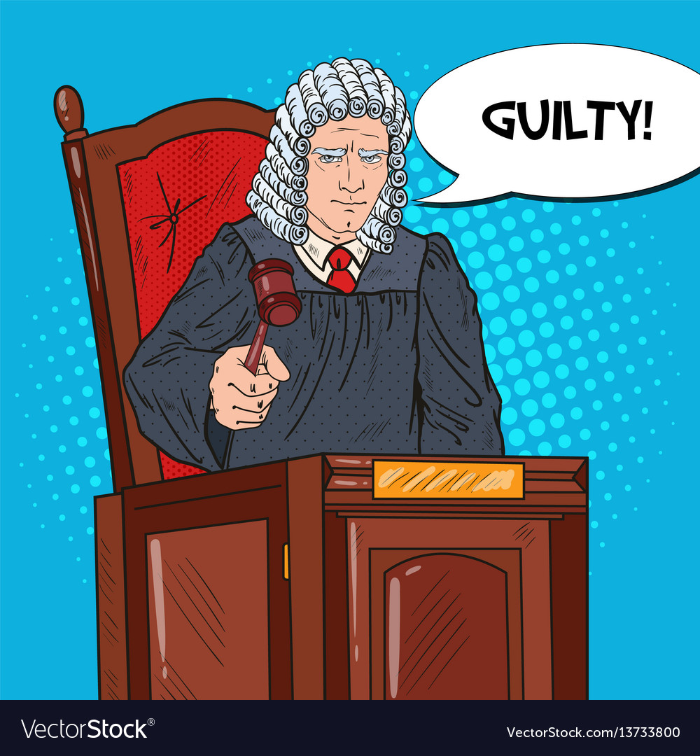 Pop art judge in courthouse striking the gavel Vector Image