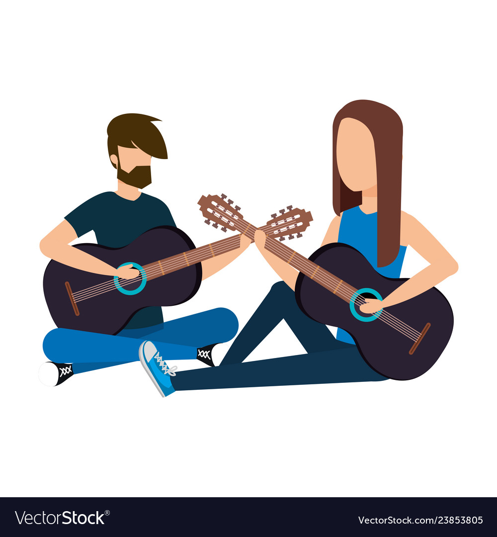 Couple playing acoustic guitar