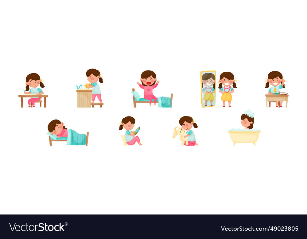 Cute girl character engaged in daily routine Vector Image