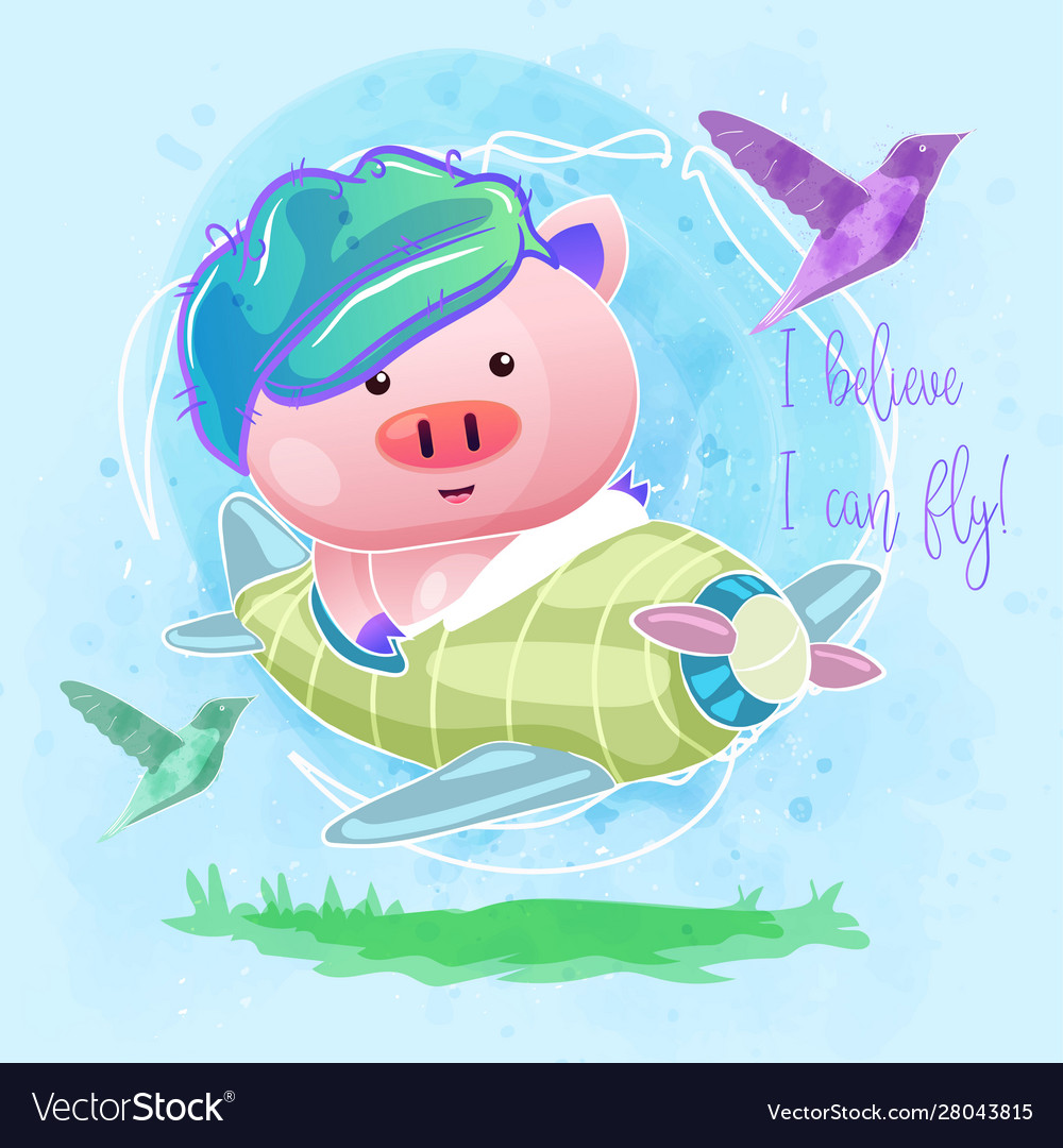 Cute baby pig flying with plane Royalty Free Vector Image