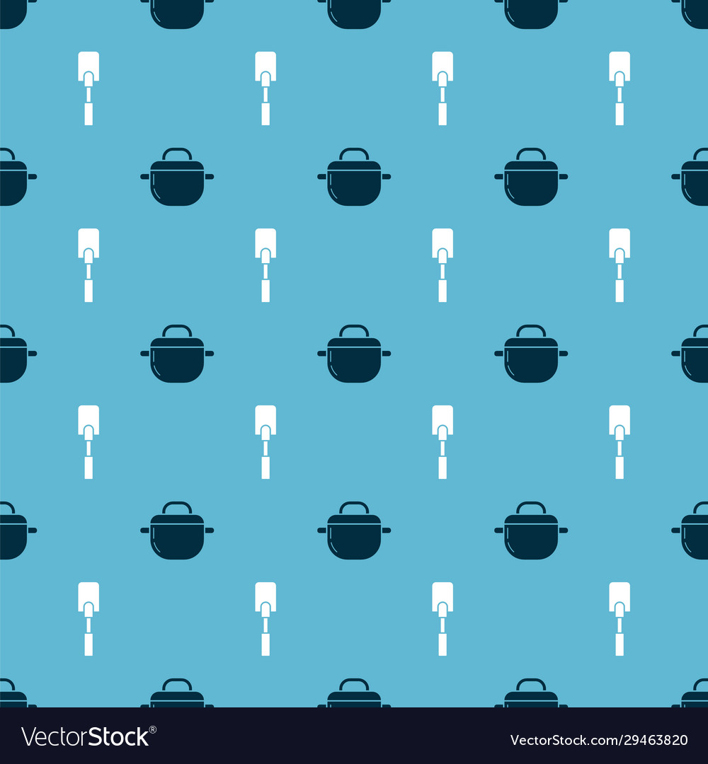 Set cooking pot and spatula on seamless pattern